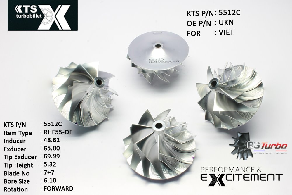 Turbo ROUE FORGÉE MFS PERFORMANCE - 7+7 PALES - INDUCER : 48,62 - EXDUCER : 65 - TYPE : RHF55-OEANGLE : 45° - ROTATION : Forward - SUPER BACK : 4,53 - BORE SIZE : 6,1
